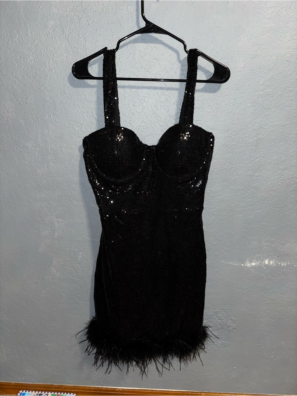 Windsor Black Sequin Feather-Hem Mini Dress